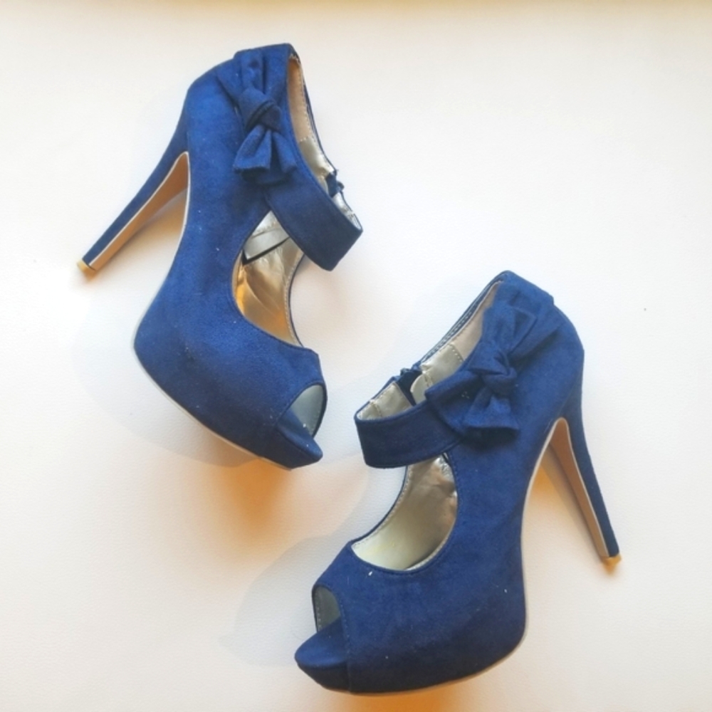Designed by Olho blue suede peep toe heels
